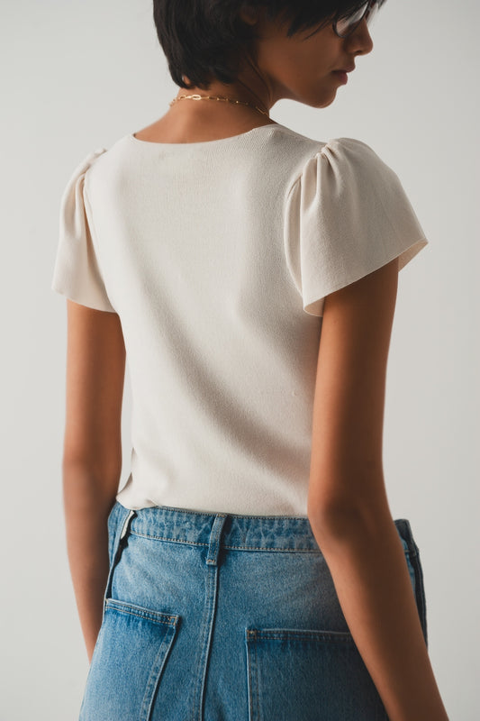 square neck puff sleeve sweater in cream - T-shirts