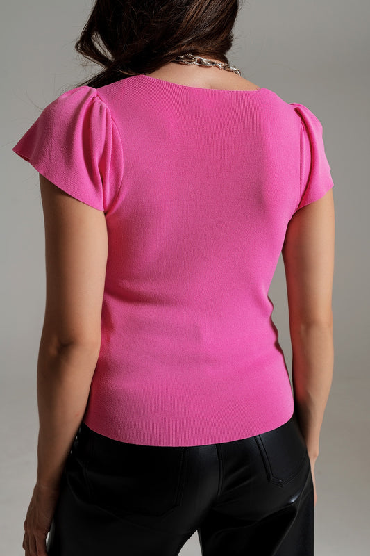 square neck puff sleeve sweater in pink - T-shirts