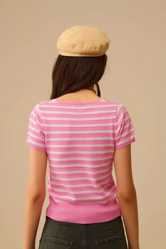 Square neck Stripped Sweater in Pink and White - T-shirts