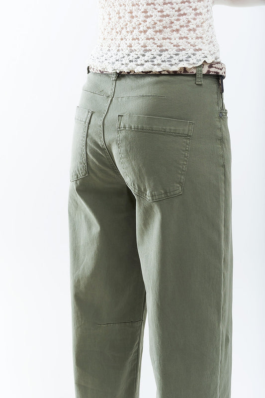 Straight Ankle-Length Pants in khaki with Knee Seam Detail - Trousers