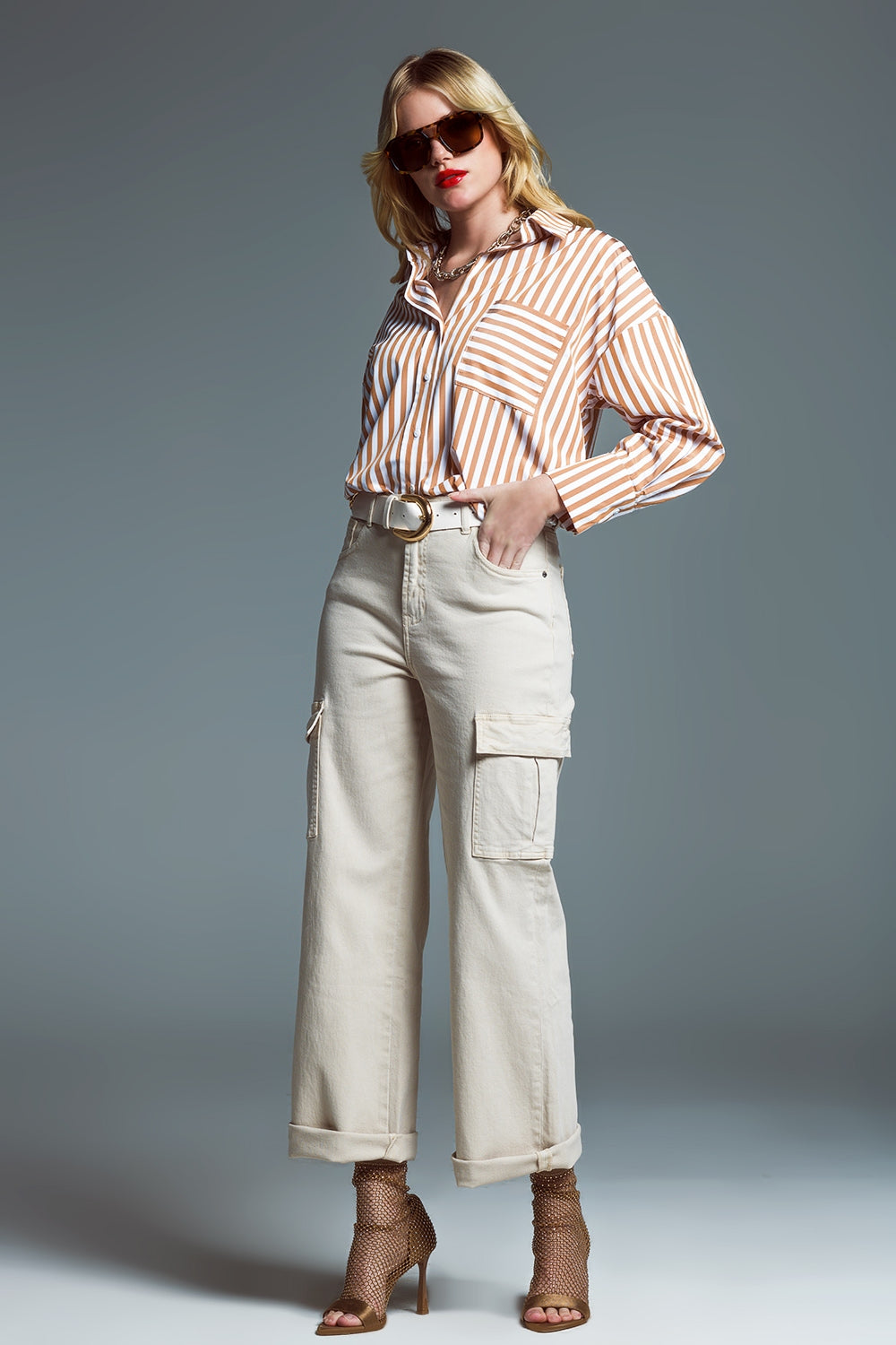 Straight Leg Cargo Jeans in Beige - Jeans