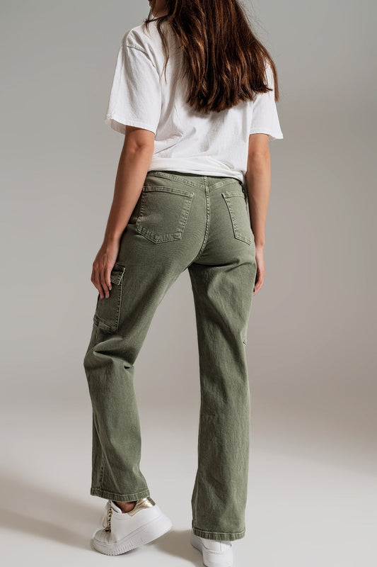 Straight Leg Cargo Jeans in Olive Green - Jeans