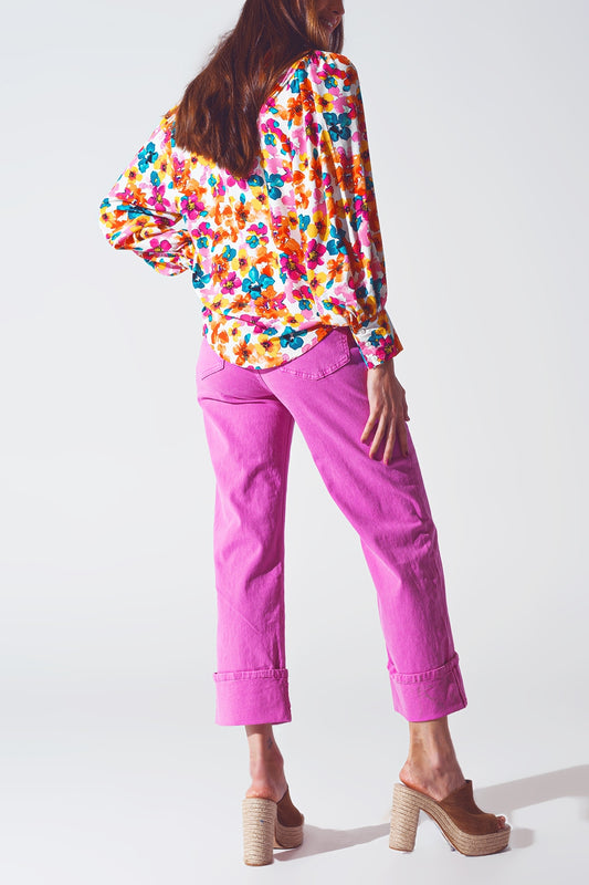 Straight Leg Jeans with Cropped Hem in Fuchsia - Jeans