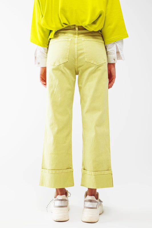 Straight Leg Jeans with Cropped Hem in Lime Green - Jeans