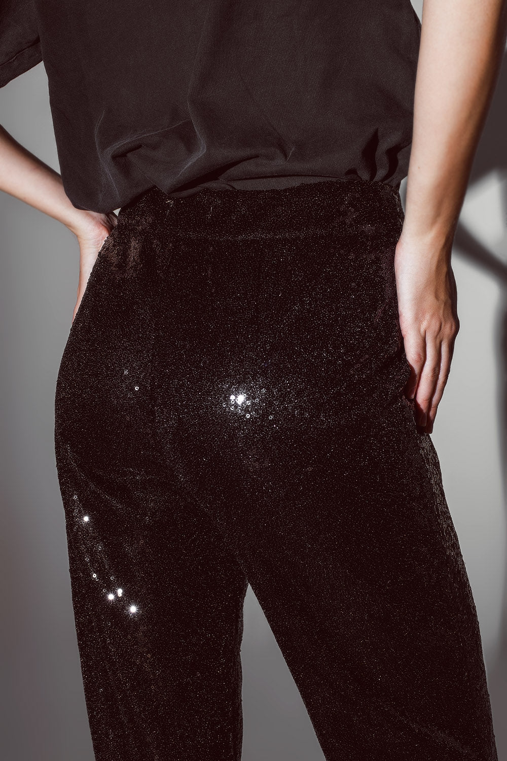 Straight Leg Sequin Pants in Black - Trousers