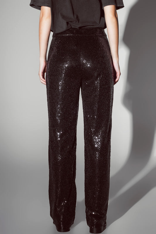 Straight Leg Sequin Pants in Black - Trousers