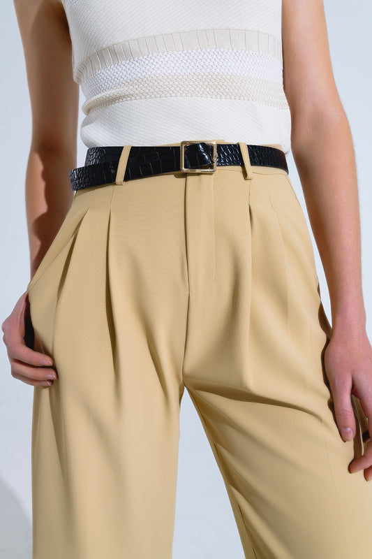 Straight Leg Trousers With Side Pockets and Darts in Beige - Trousers