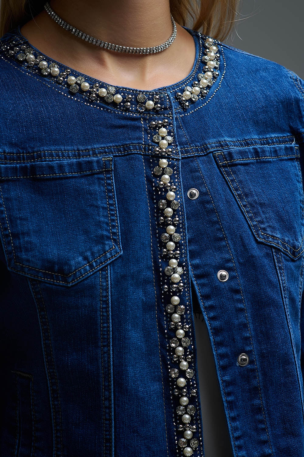 Stretch Denim Embellished Denim Jacket in Blue - Coats and Jackets