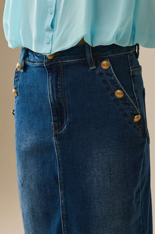 Stretch Denim Midi Skirt With Gold Button Details - Skirts