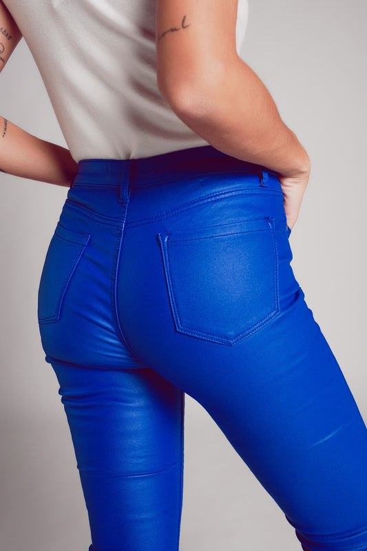 Stretch faux leather flare pants in blue - Trousers