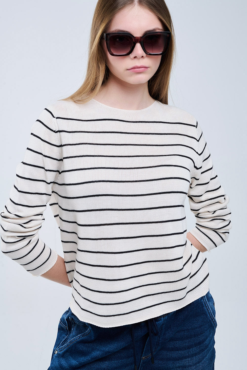 striped beige sweater made of fine knitting - Jumpers