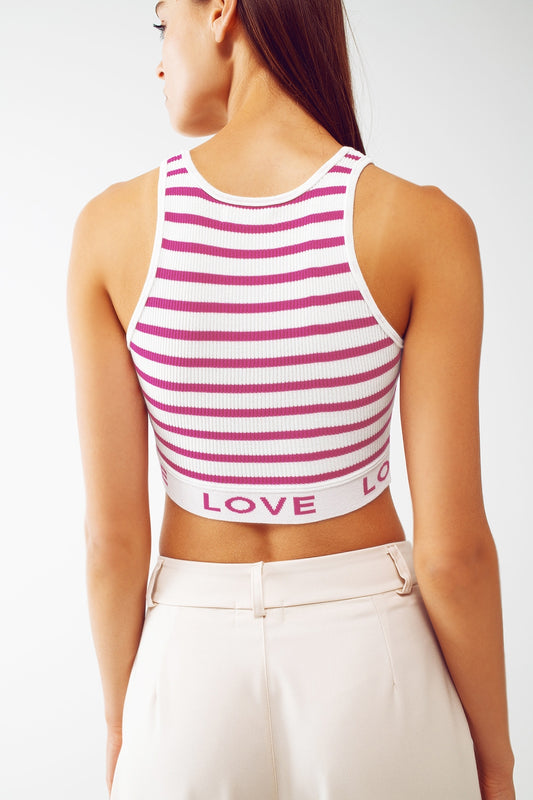 Striped Cropped Top with Love Text in pink - Sweaters