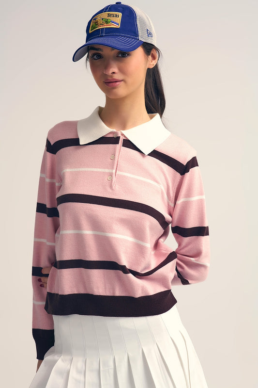 Striped Knit Polo Sweater in pink with white Collar - Sweaters