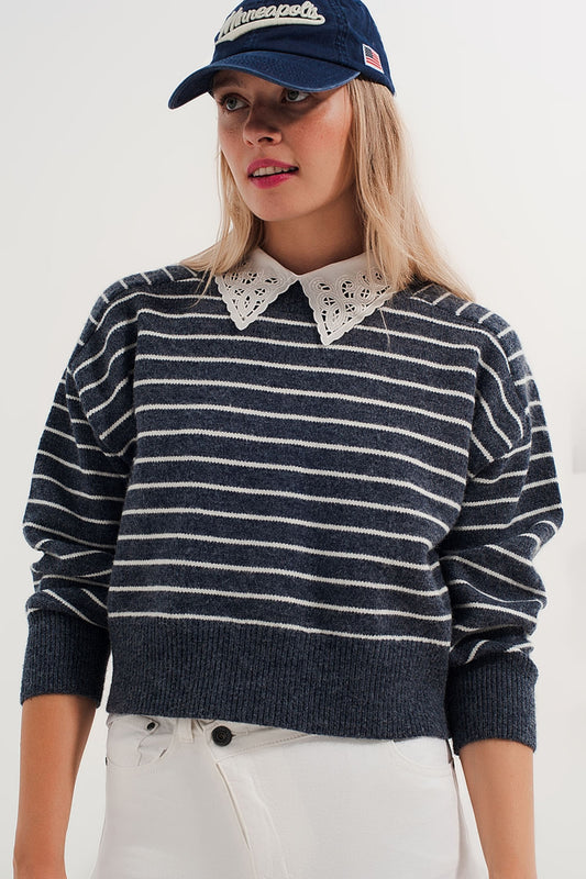 Striped knitted sweater with wrangler sleeves blue and white - Jumpers