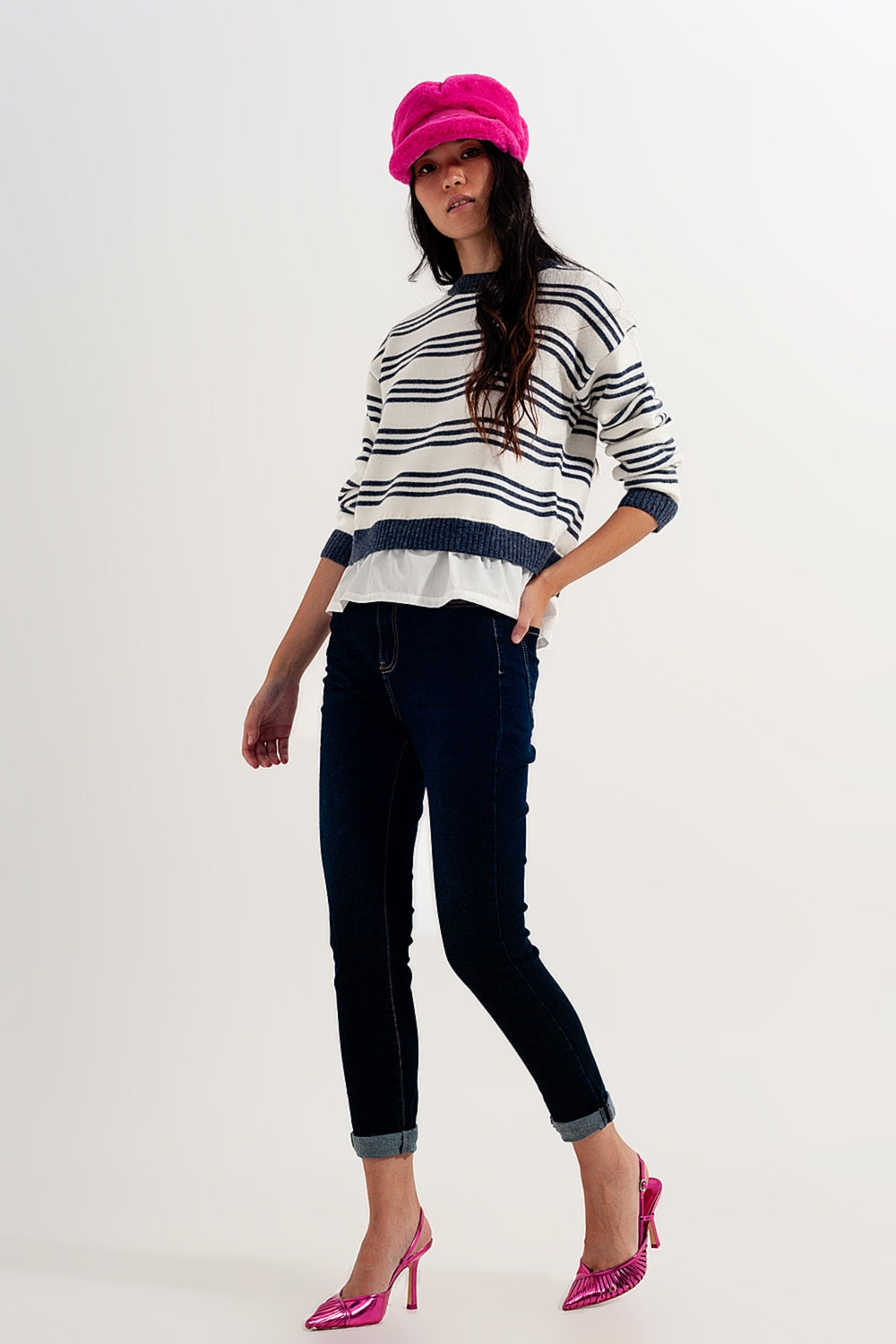 Striped long sleeved sweater in white - Jumpers