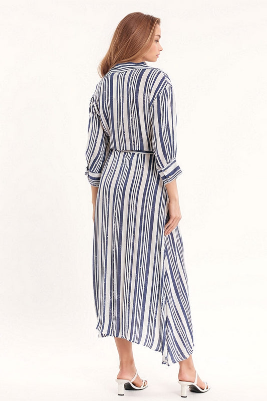 Striped Maxi Shirt Dress With 3/4 Sleeve and Belt in Blue and White - Dresses