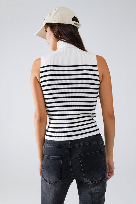 Striped Turtle Neck Tank Top In White - Jumpers