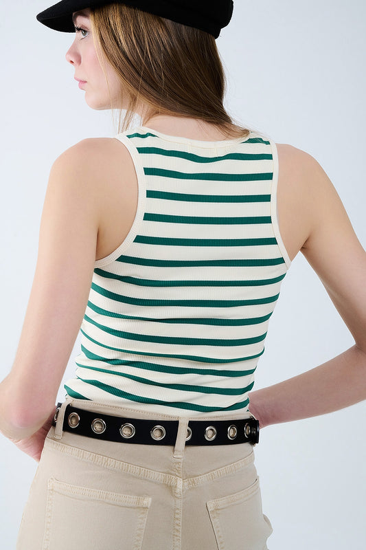 Striped White Tank Top with Green - Tops