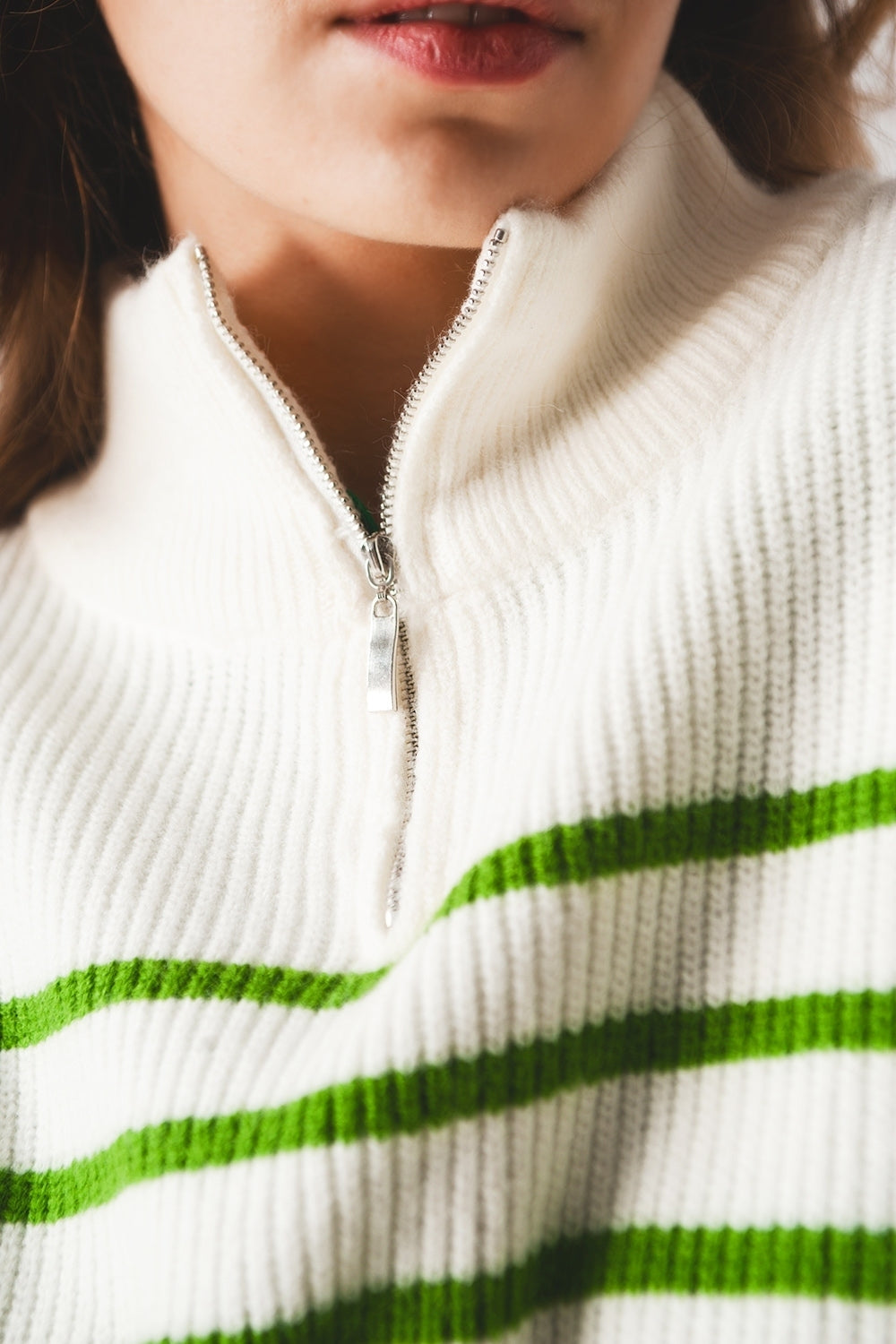 Striped zip up collar detail sweater in green - Jumpers