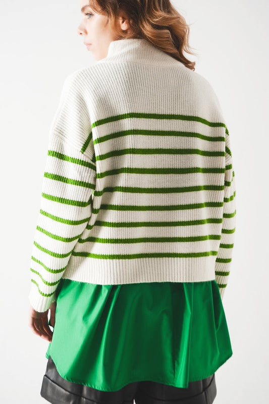 Striped zip up collar detail sweater in green - Jumpers