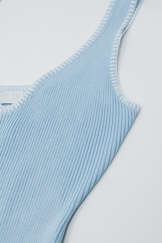 Summer Body Hugging knitted Dress in light blue With White Trim - Dresses