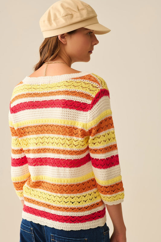 Summer Knitted Striped Sweater in Warm Tones - Jumpers