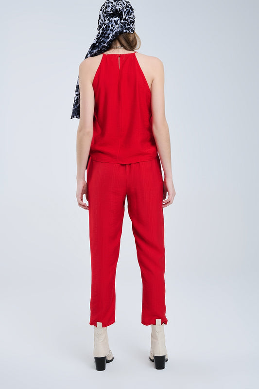Summery Pants With Elastic Waist and Pockets In Red - Trousers