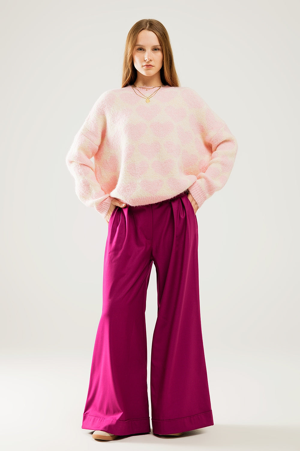 Super Soft Oversized Cream Sweater With Pink Hearts All Over - Jumpers