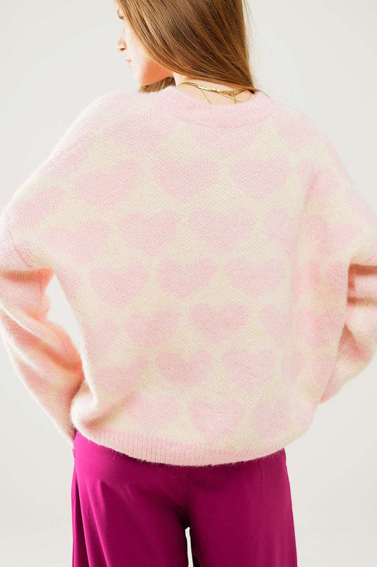 Super Soft Oversized Cream Sweater With Pink Hearts All Over - Jumpers