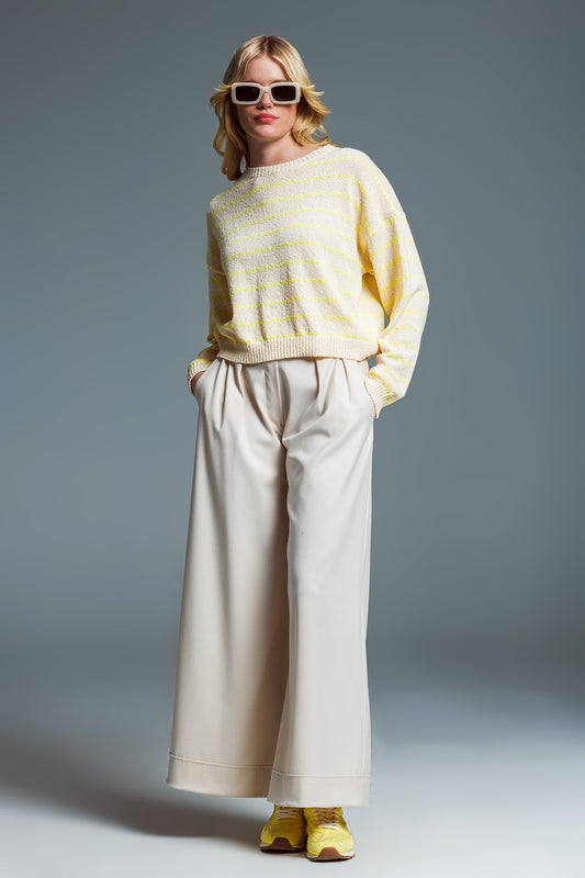 Sweater With Drop Shoulders in Beige with Yellow Stripes - Jumpers