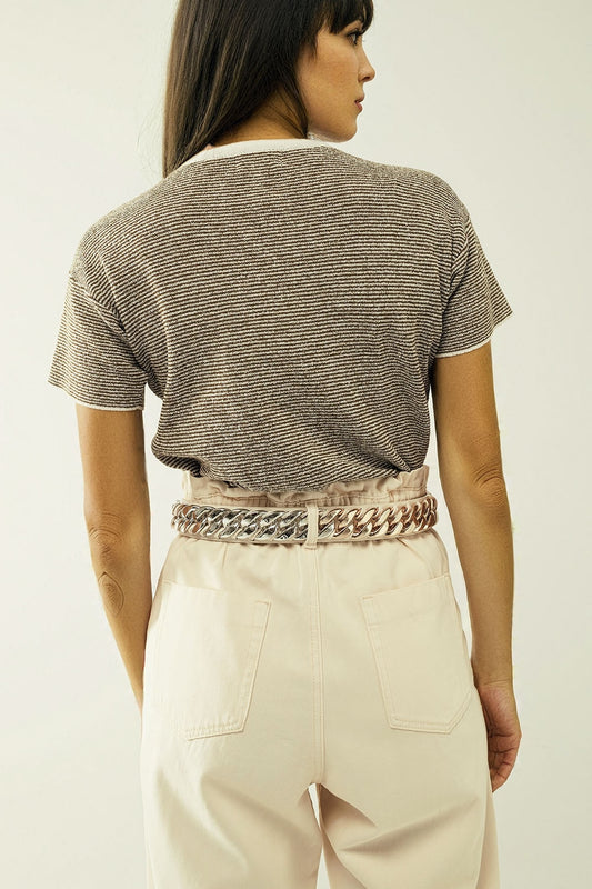 sweater with khaki stripes and gold button closure - T-shirts