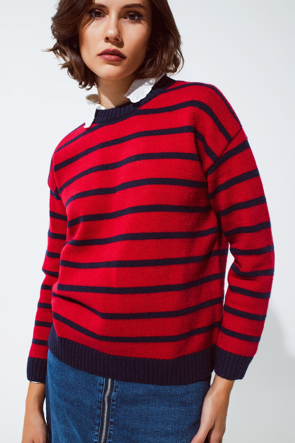 Red sweater with blue stripes and a white crew neck - Jumpers