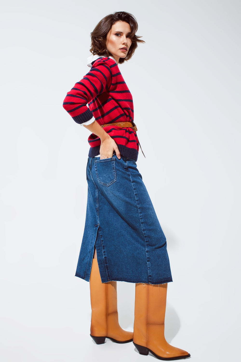 Red sweater with blue stripes and a white crew neck - Jumpers