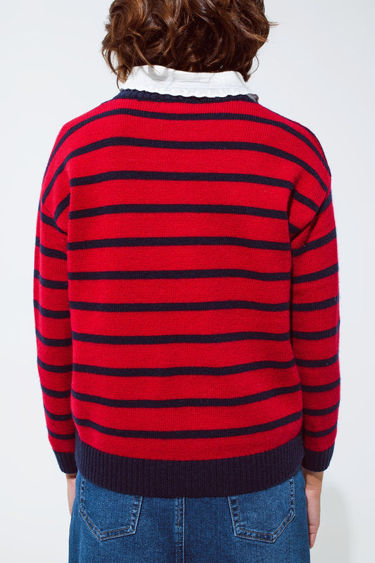 Red sweater with blue stripes and a white crew neck - Jumpers