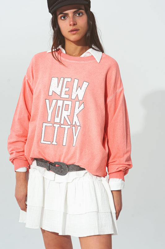 Sweatshirt with New York City text in Coral - Sweaters