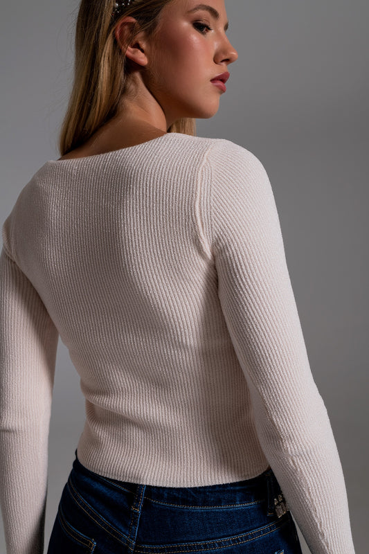 Sweetheart Neckline Chenille Sweater in cream - Jumpers