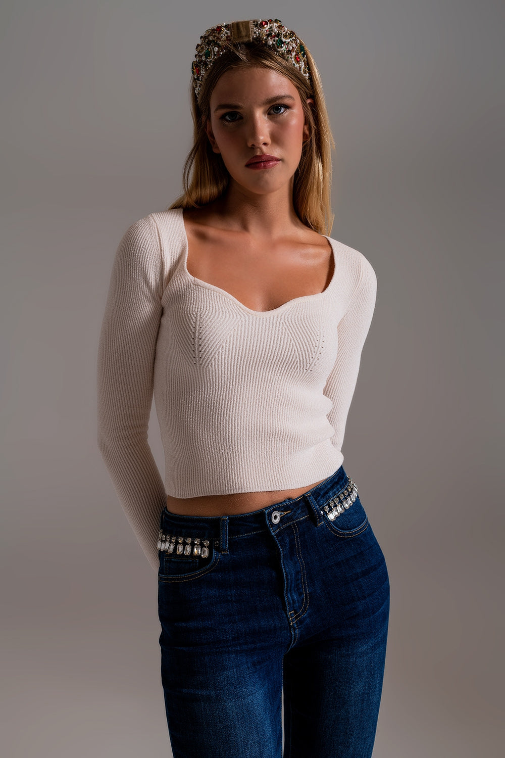 Sweetheart Neckline Chenille Sweater in cream - Jumpers