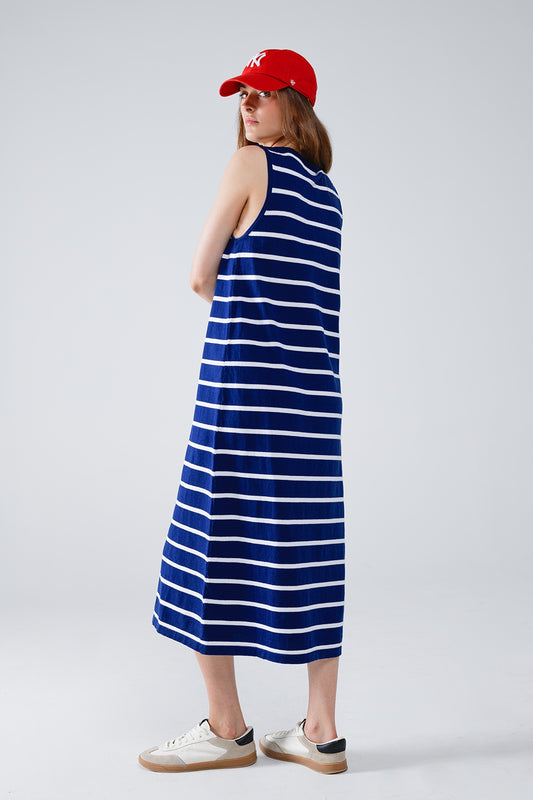 Tank maxi Dress With Scoop Neck In Navy With White Stripes - Dresses