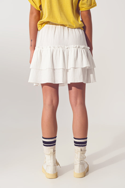 Textured Ruffle Mini Skirt in White - Skirts