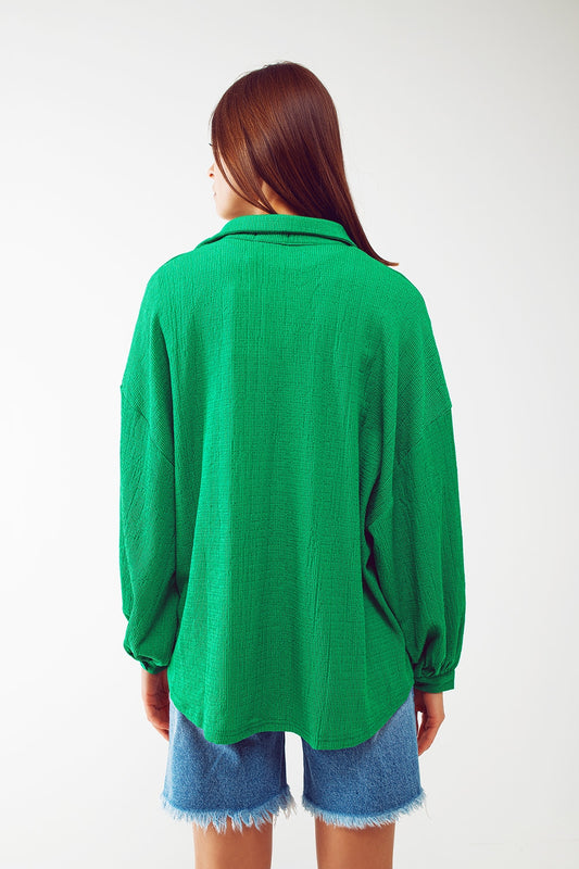 Textured Shirt With Balloon Sleeves in Green - Shirts