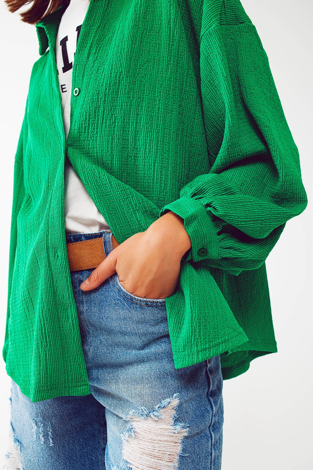 Textured Shirt With Balloon Sleeves in Green - Shirts
