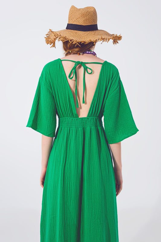 Textured V-Neck Maxi Dress in Green - Dresses