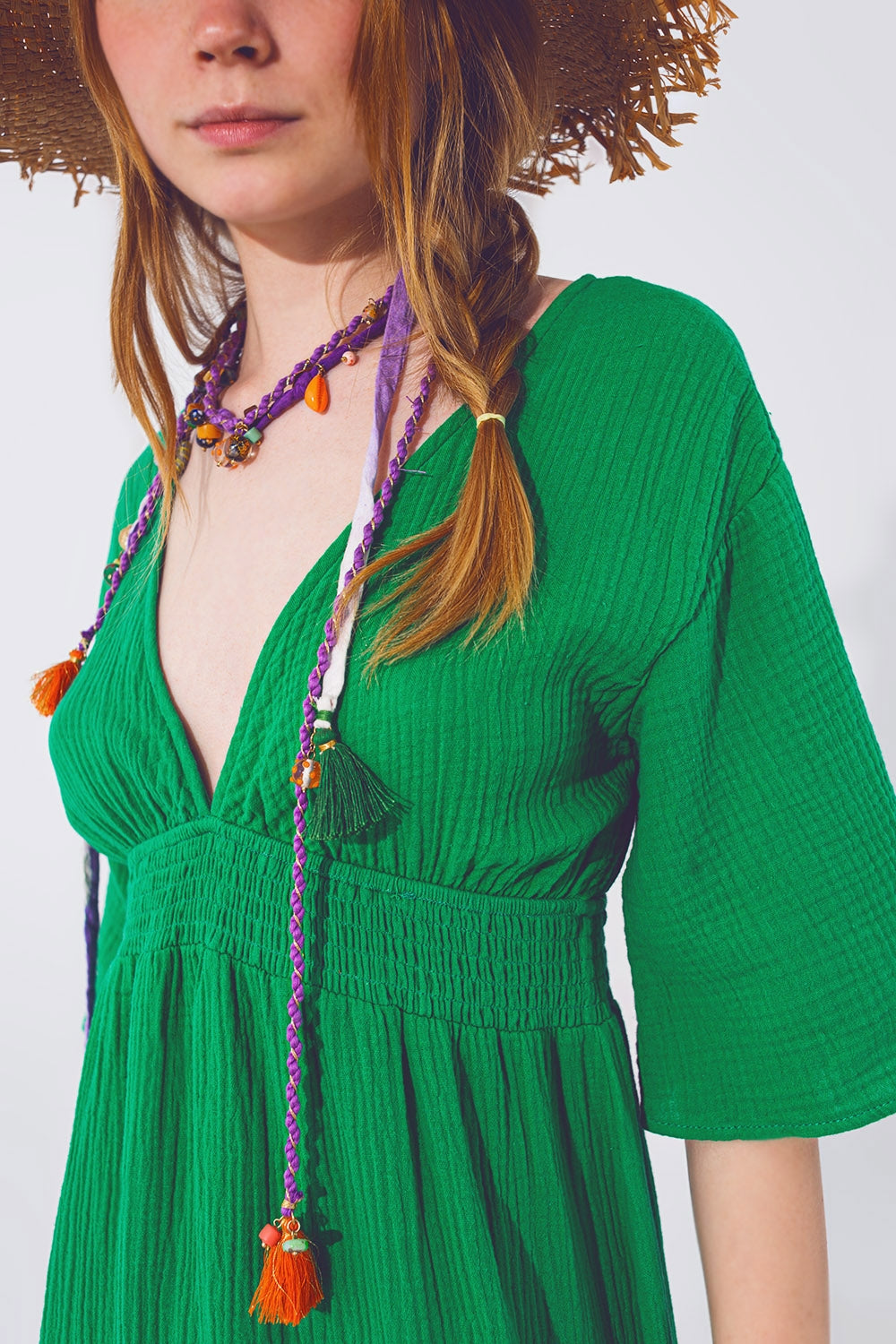 Textured V-Neck Maxi Dress in Green - Dresses