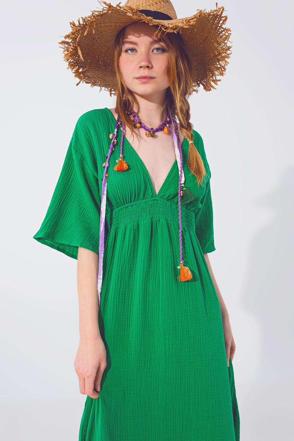 Textured V-Neck Maxi Dress in Green - Dresses