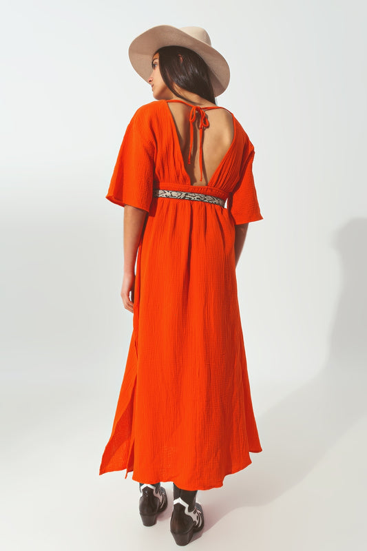 Textured V-Neck Maxi Dress in Orange - Dresses