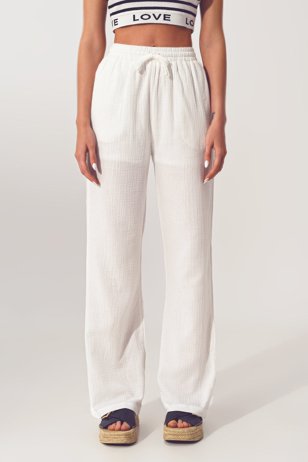Textured Wide Leg Pants in White - Trousers