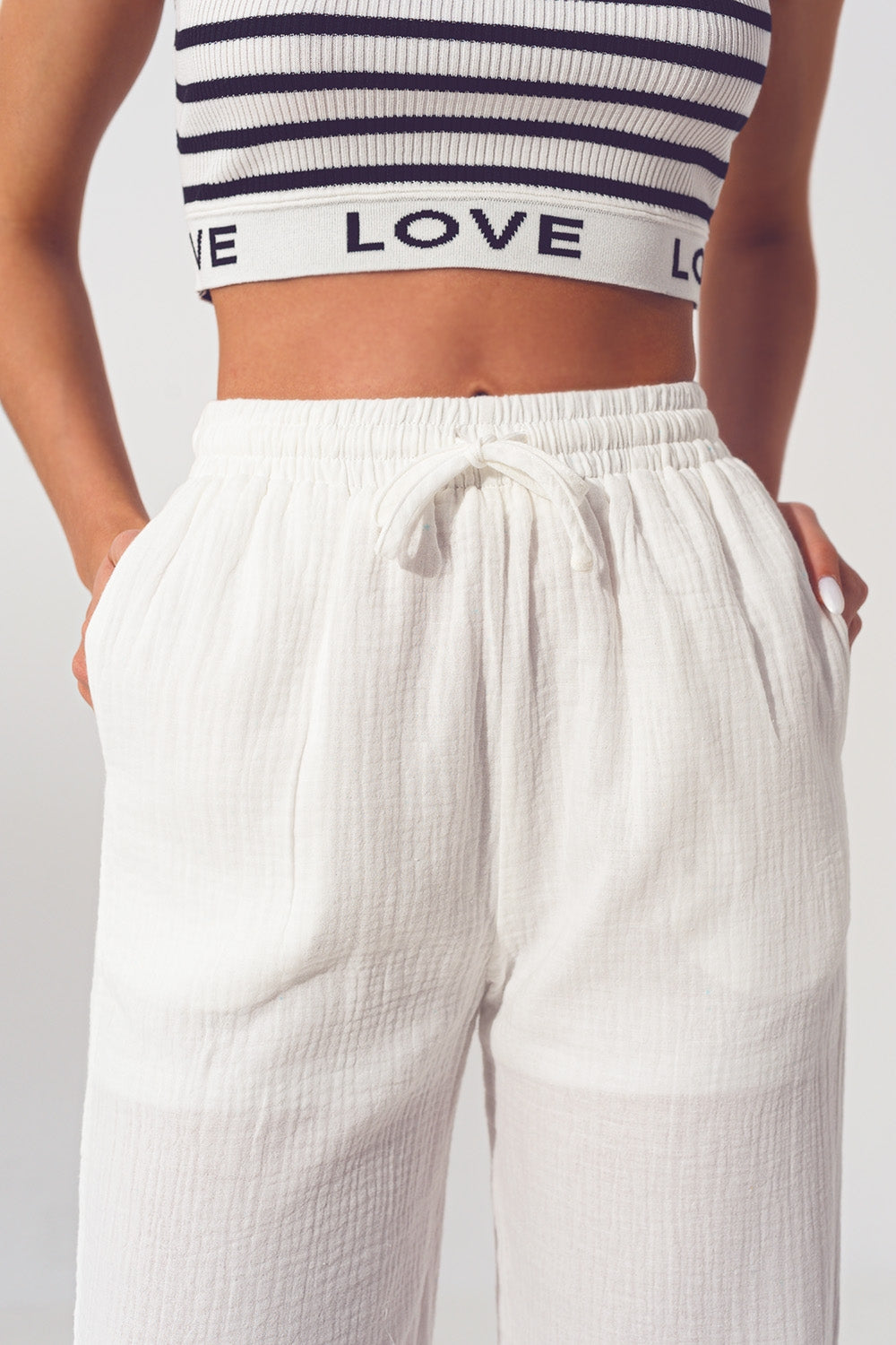 Textured Wide Leg Pants in White - Trousers
