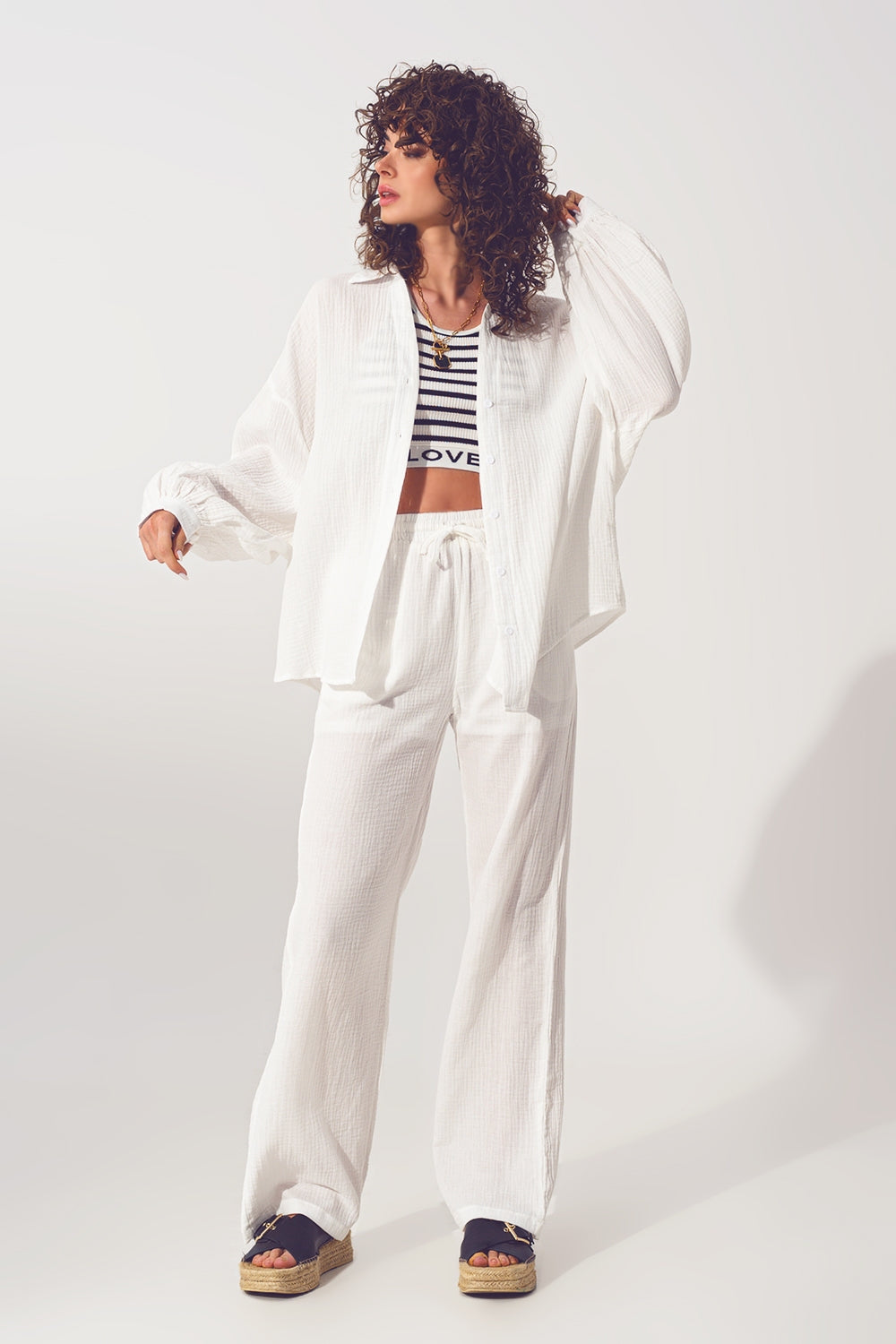 Textured Wide Leg Pants in White - Trousers