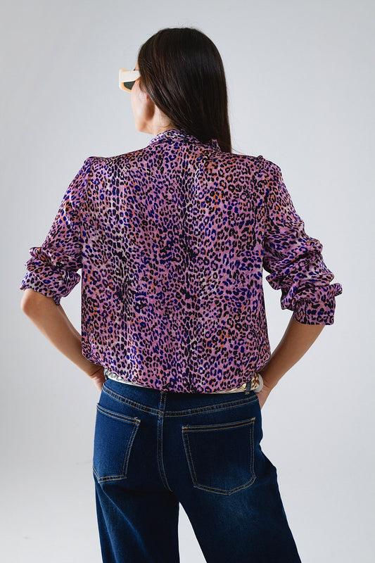 Tie At The Neck Animal Print Purple Blouse - Blouses