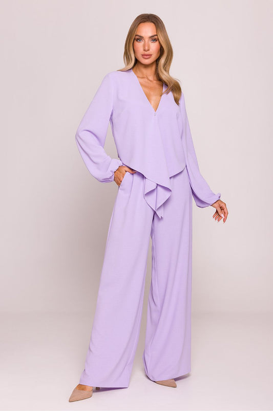 Tie Front Blouse with Long Puffed Sleeves - Blouses